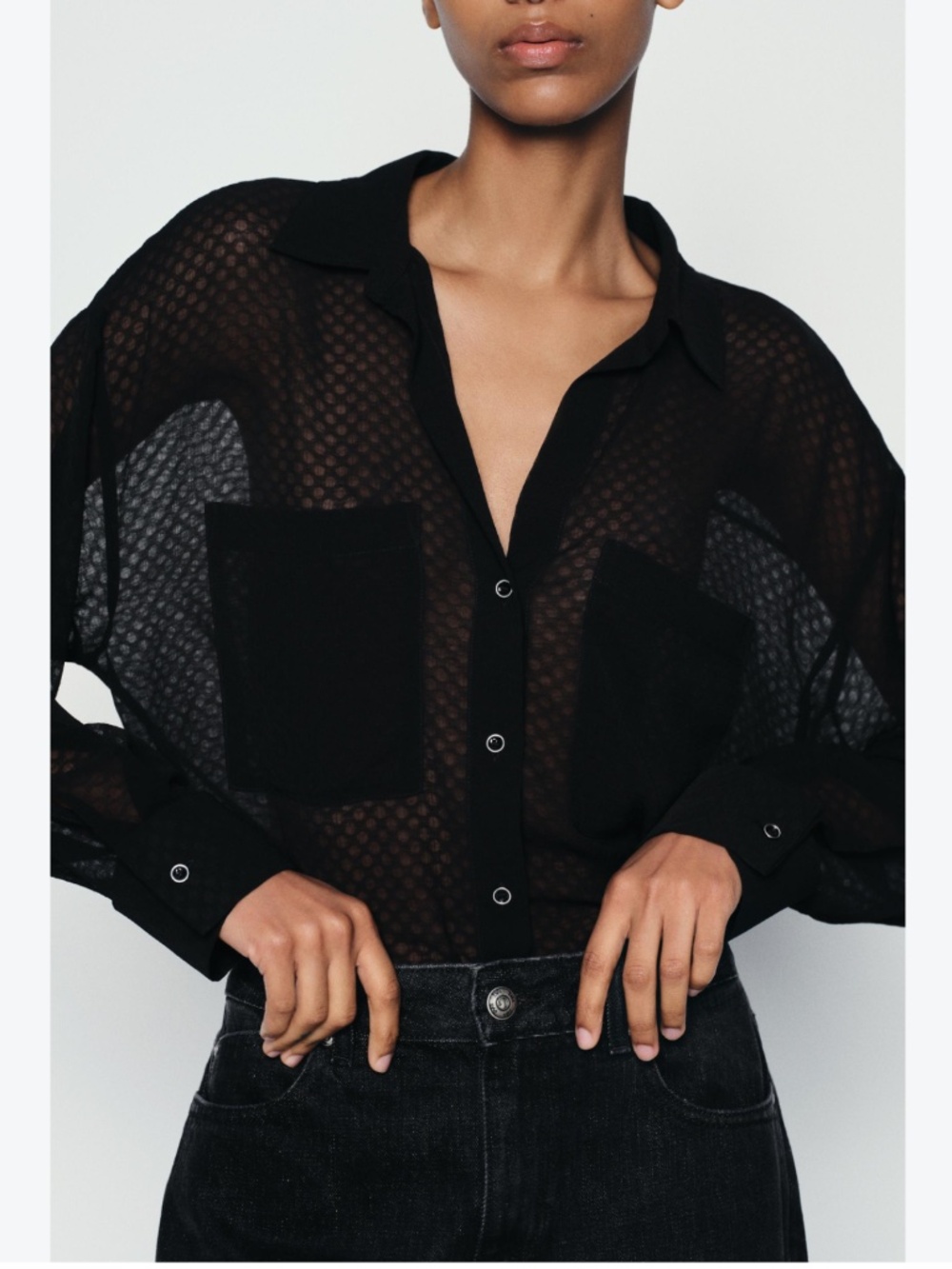Zara Black Semi Sheer Button Up Shirt L
